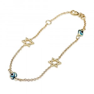 Charm Bracelet with Evil Eye and Star of David 14K Yellow Gold New Arrivals