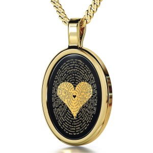 14K Gold and Onyx Necklace  I Love You in 120 Languages Micro-Inscribed with  24K Gold  on Heart  Collares y Colgantes