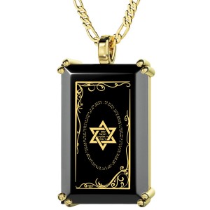Gold Plated and Onyx Tablet Necklace for Men with Micro-Inscribed Shema Inside Star of David Collares y Colgantes