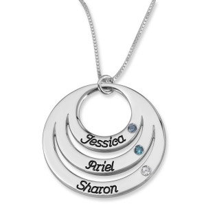 Sterling Silver Open Disk Name Necklace With Birthstones for Mom (Hebrew/English) Joyas con Nombre